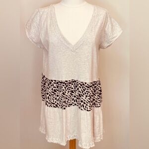 Umgee Cream Animal Print Short Sleeve Cotton Fringe Hem Coastal Mini Dress SZ M